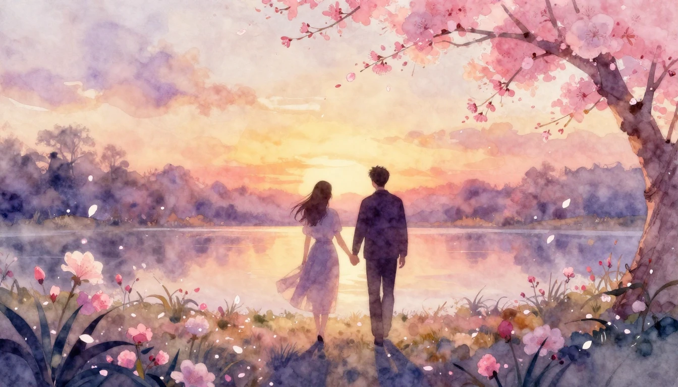 A soft watercolor painting of two silhouettes walking hand-i...