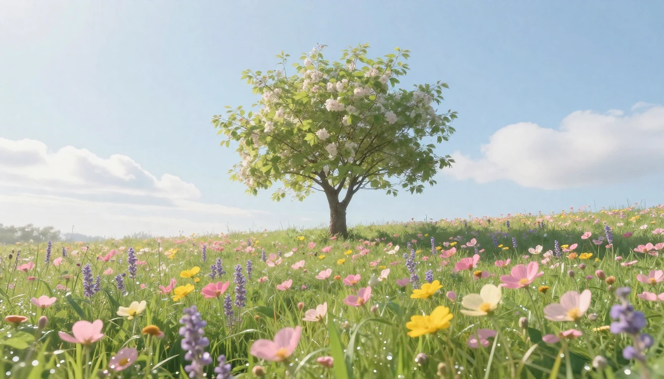 A breathtaking wide-angle view of a sun-drenched meadow fill...