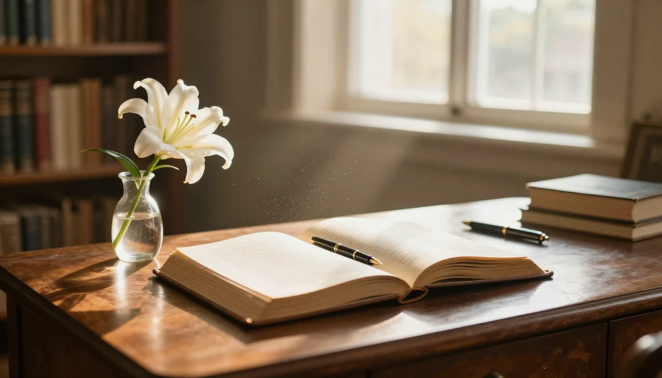 A serene and scholarly atmosphere featuring an antique woode...