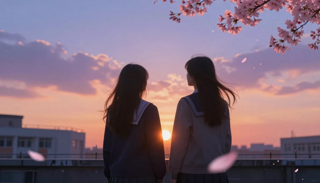 A nostalgic and beautiful scene on a school rooftop at sunse...