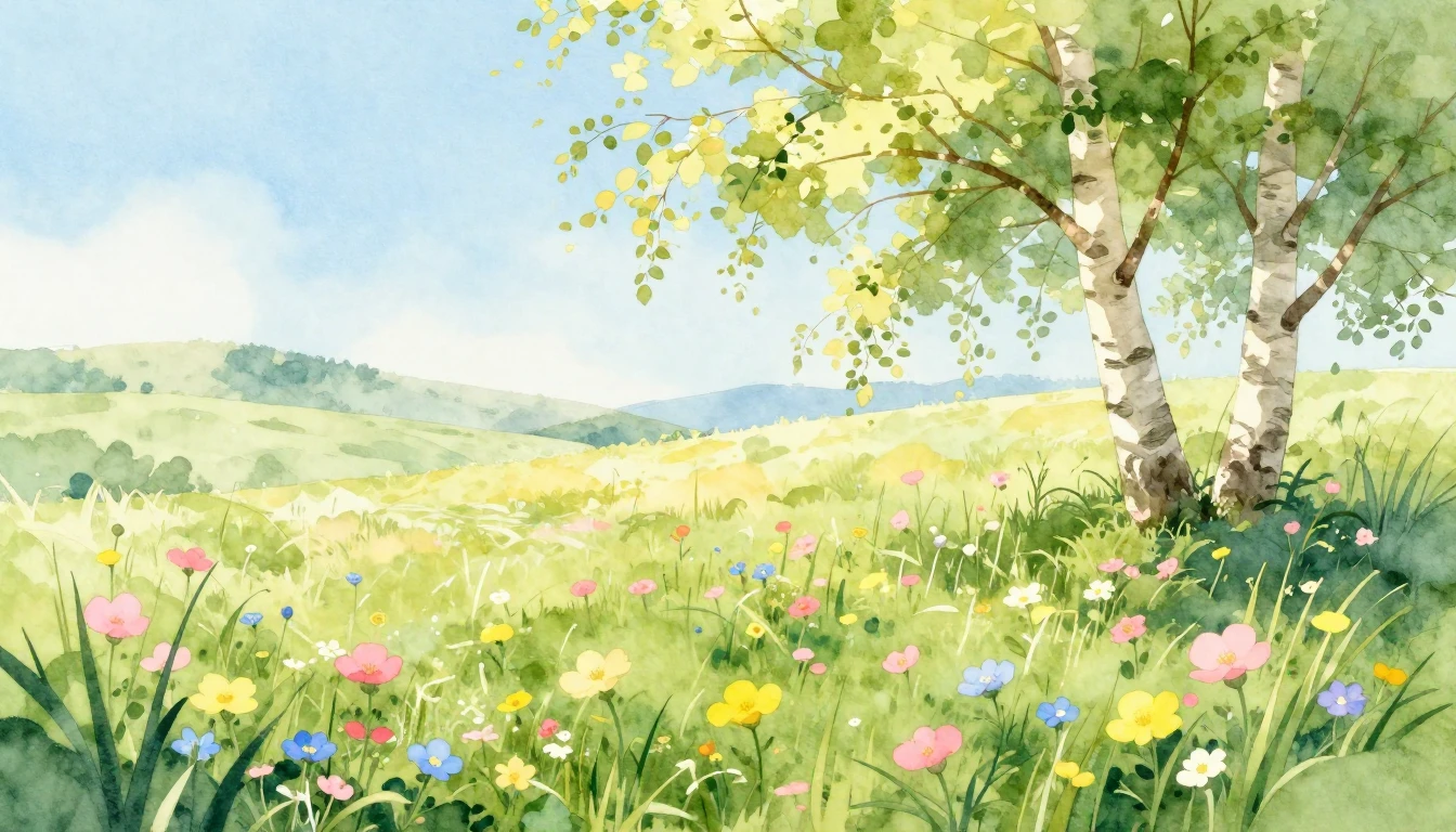 A delicate watercolor illustration of a vibrant spring meado...