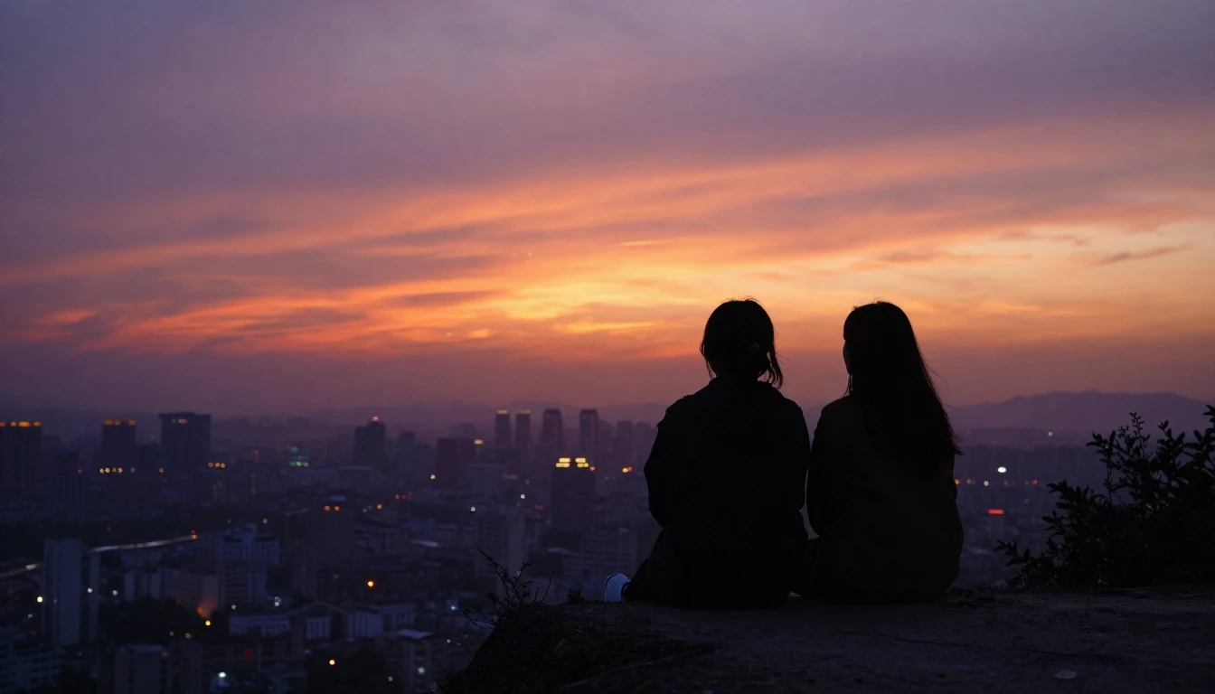 Two silhouettes of best friends sitting on a cliff edge over...