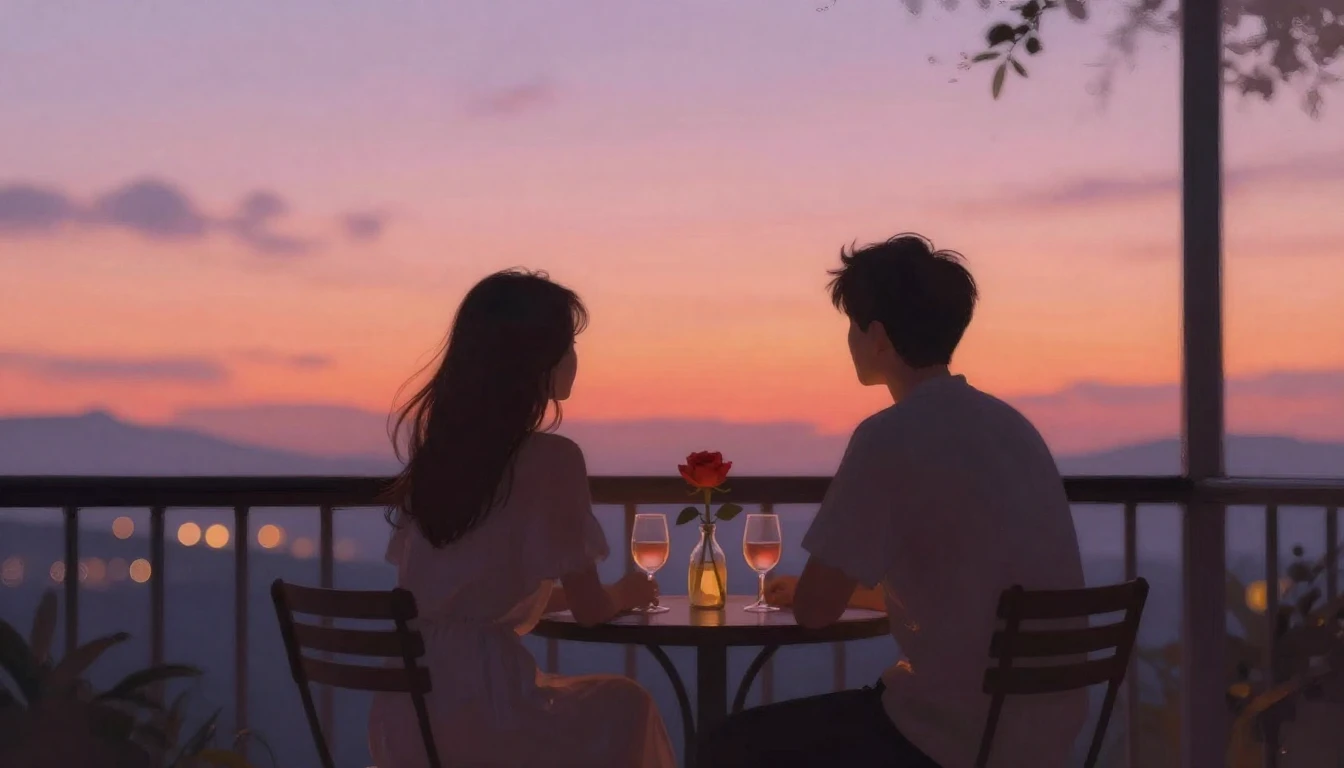 A romantic and dreamy scene of two silhouettes sitting toget...