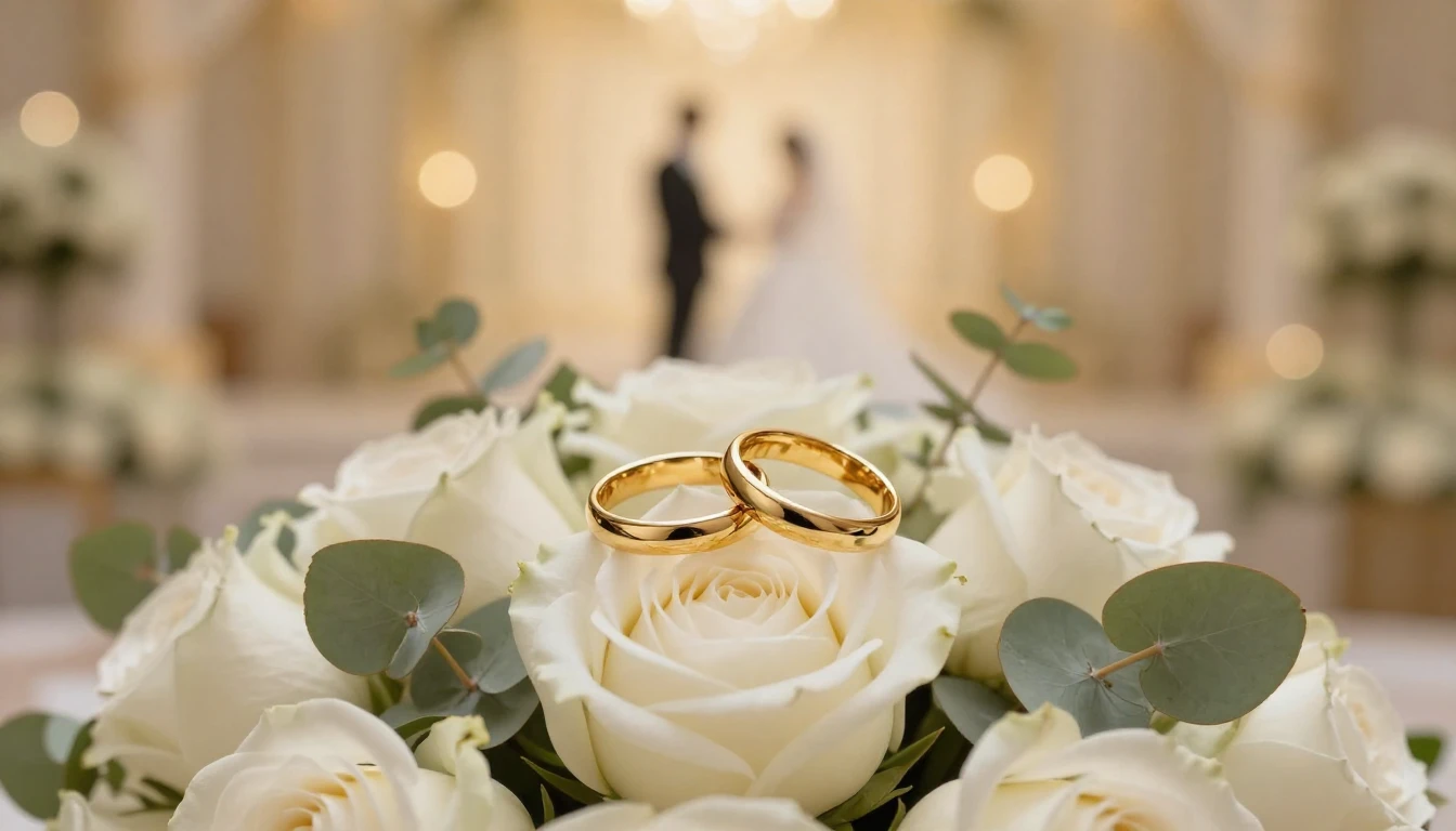 Two golden wedding rings intertwined resting on a bed of sof...