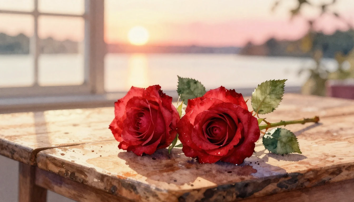 A beautiful watercolor painting of two delicate red roses in...