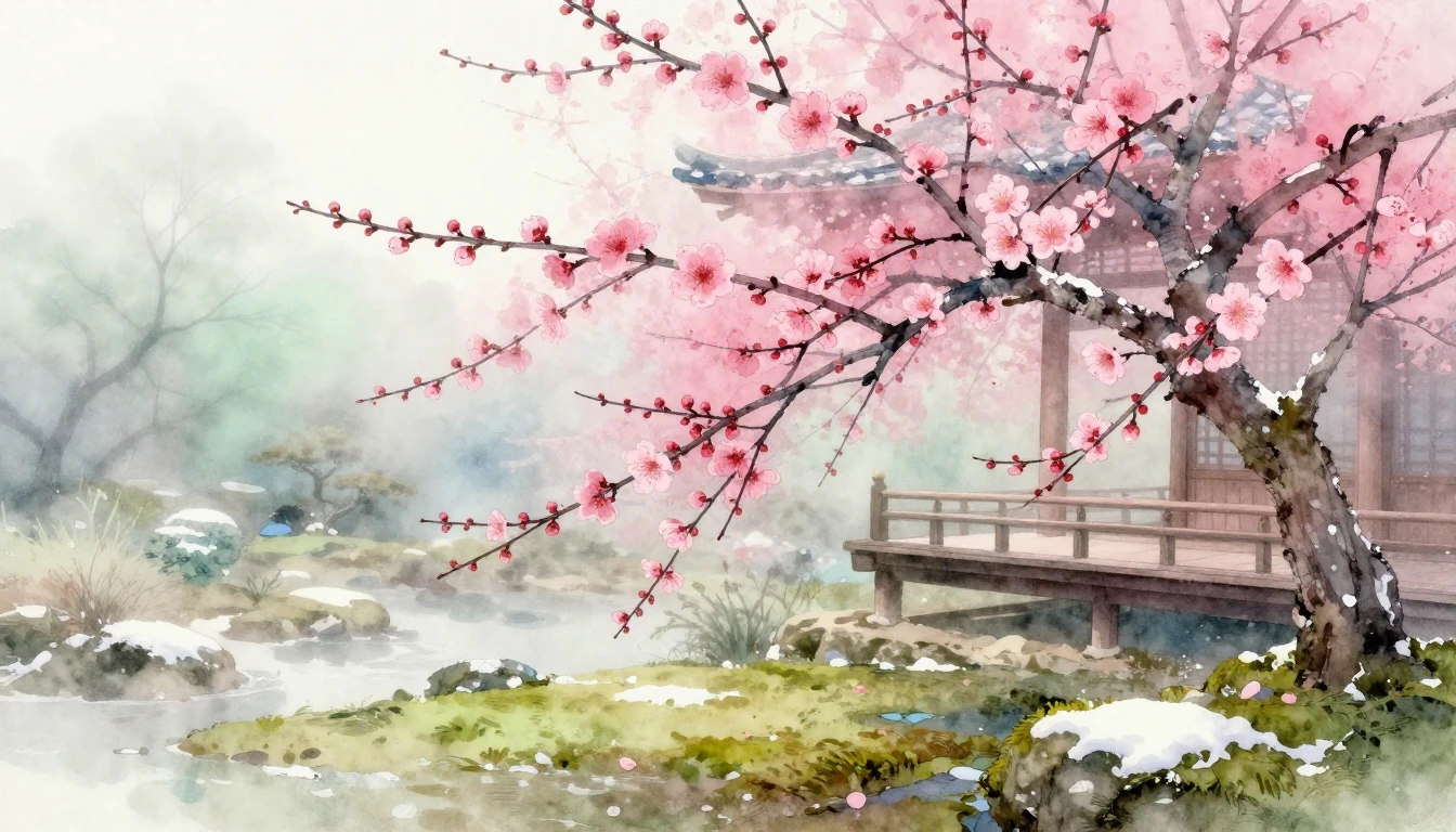 A delicate watercolor painting of a traditional Japanese gar...