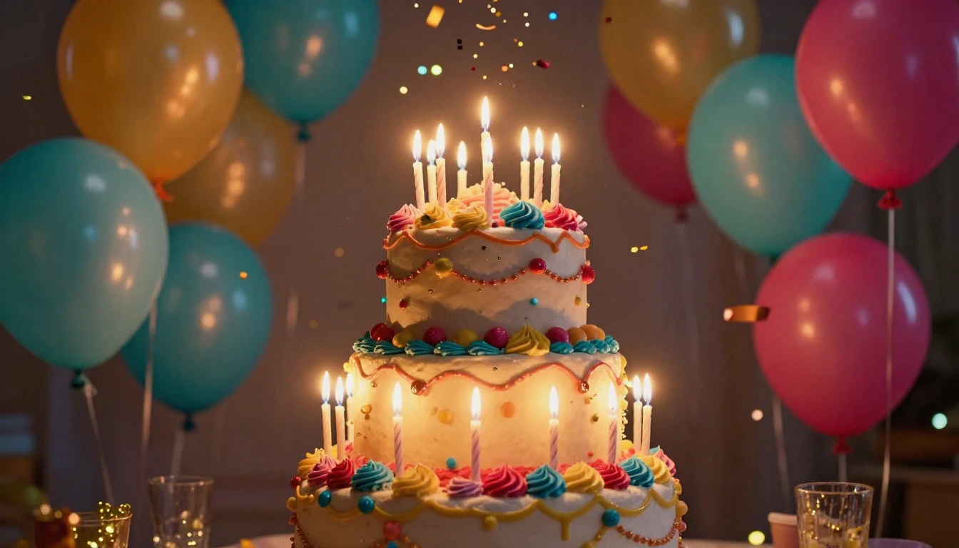 A vibrant and festive scene featuring a large, multi-tiered ...