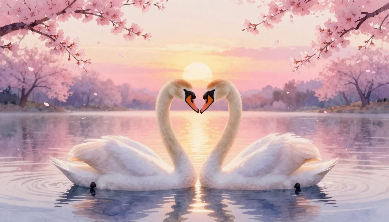 A soft watercolor painting of two elegant swans forming a he...