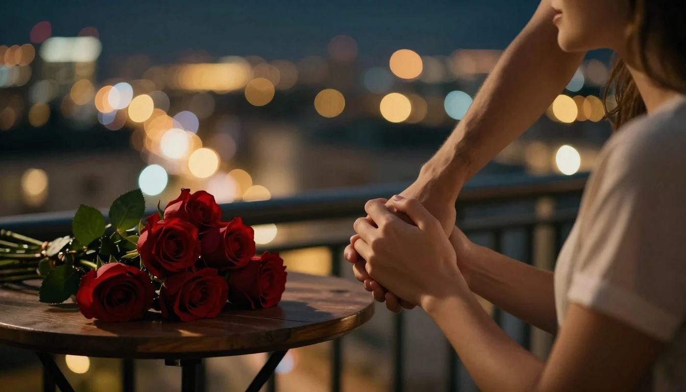 A romantic close-up cinematic shot of a couple holding hands...