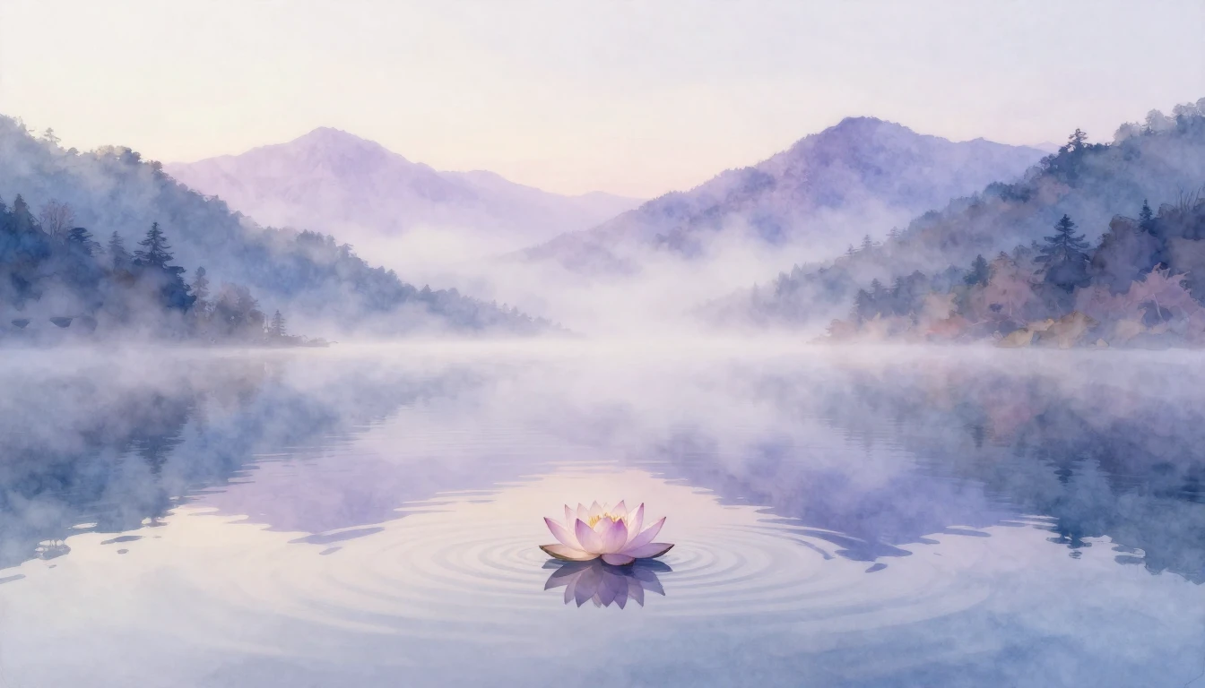 A serene watercolor painting of a calm mountain lake at dawn...