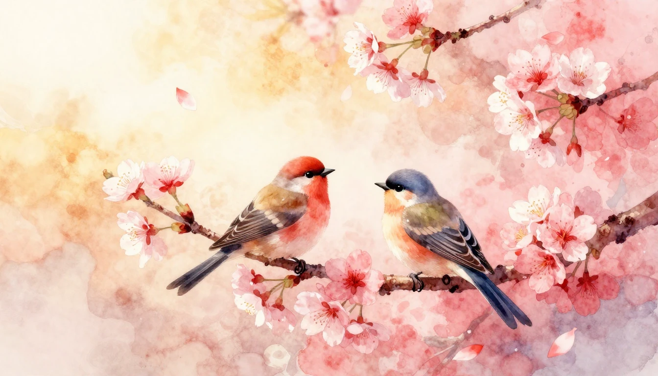 A soft watercolor painting of two stylized birds sitting on ...