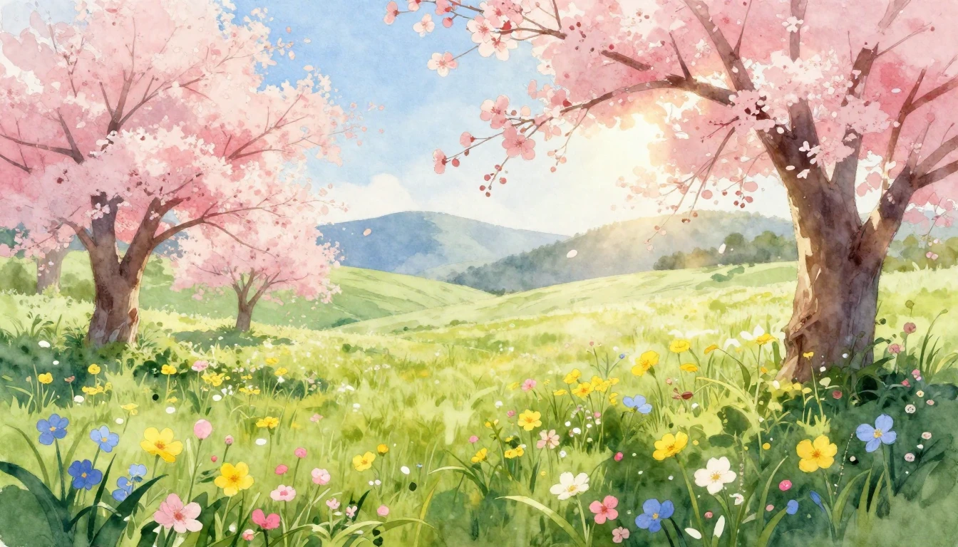 A vibrant watercolor painting of a lush spring meadow at sun...