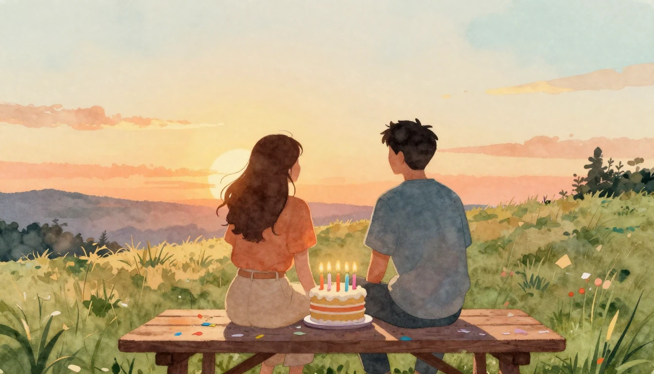 A warm and nostalgic watercolor painting featuring two silho...