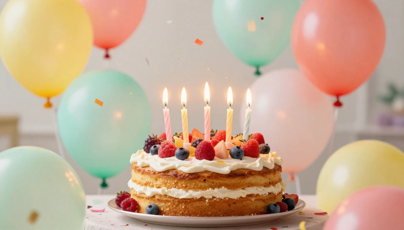 A whimsical and joyful birthday composition focusing on cele...