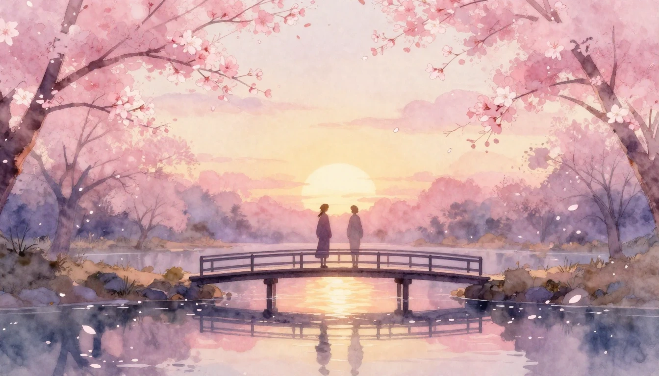 A dreamlike watercolor painting of two silhouettes standing ...