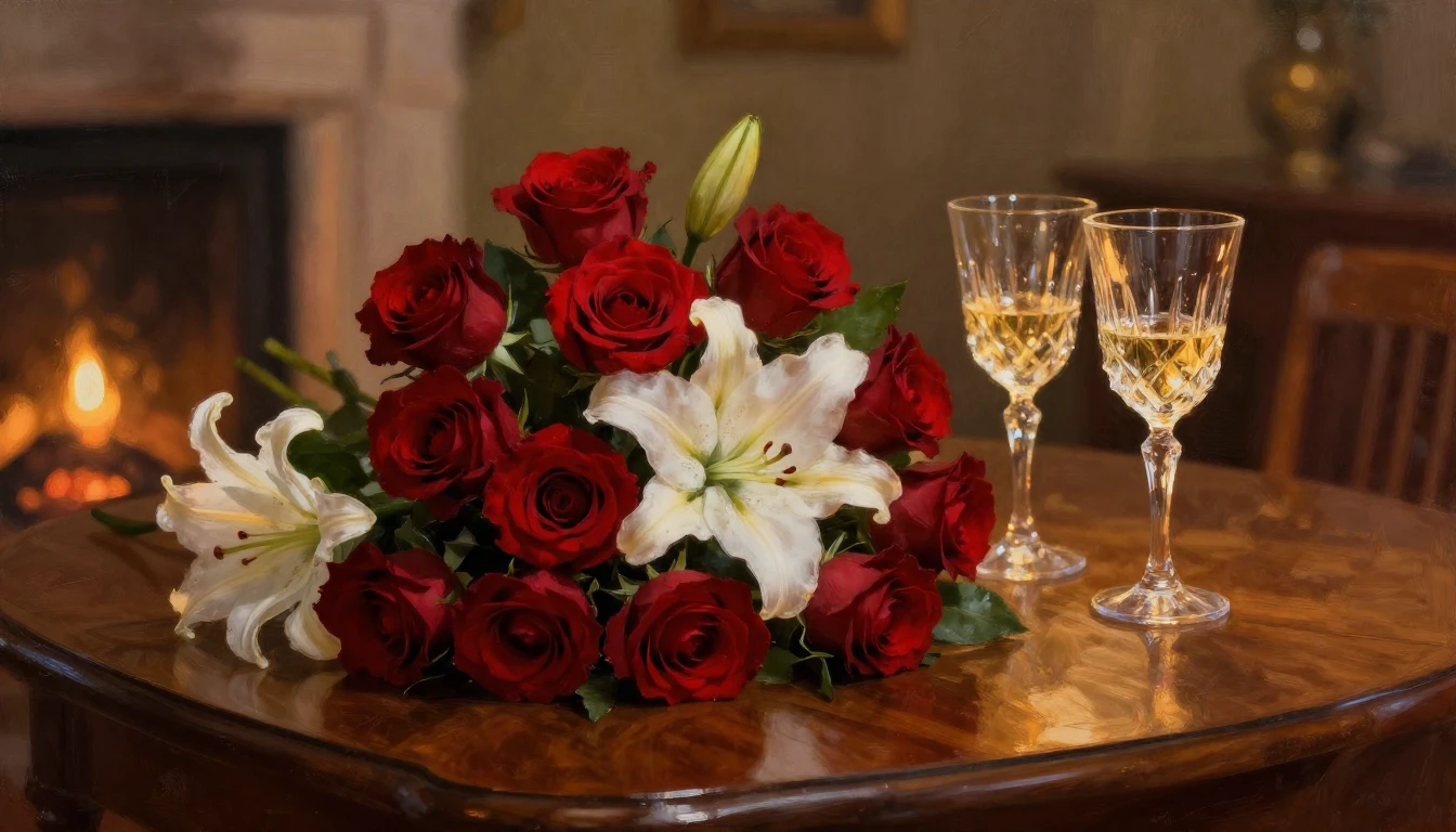 A beautiful, lush bouquet of deep red roses and delicate whi...