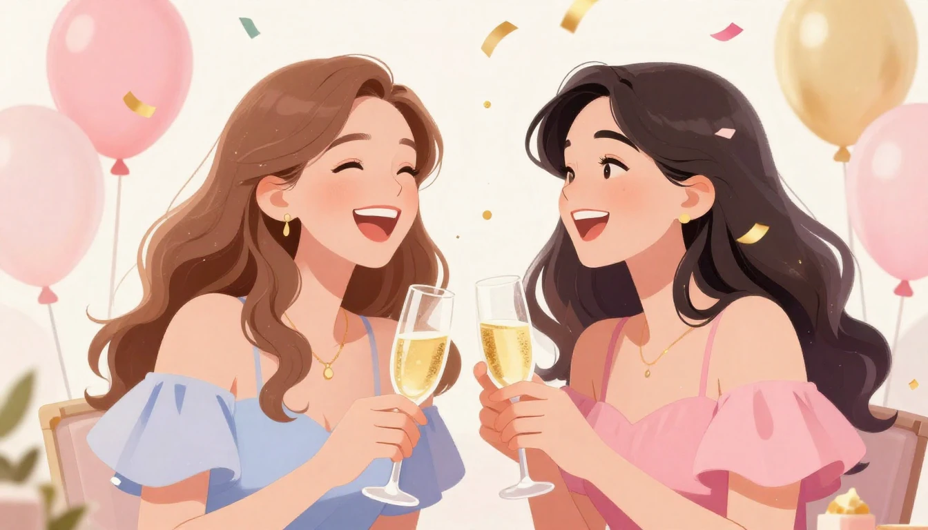 A vibrant and joyful illustration of two young women laughin...