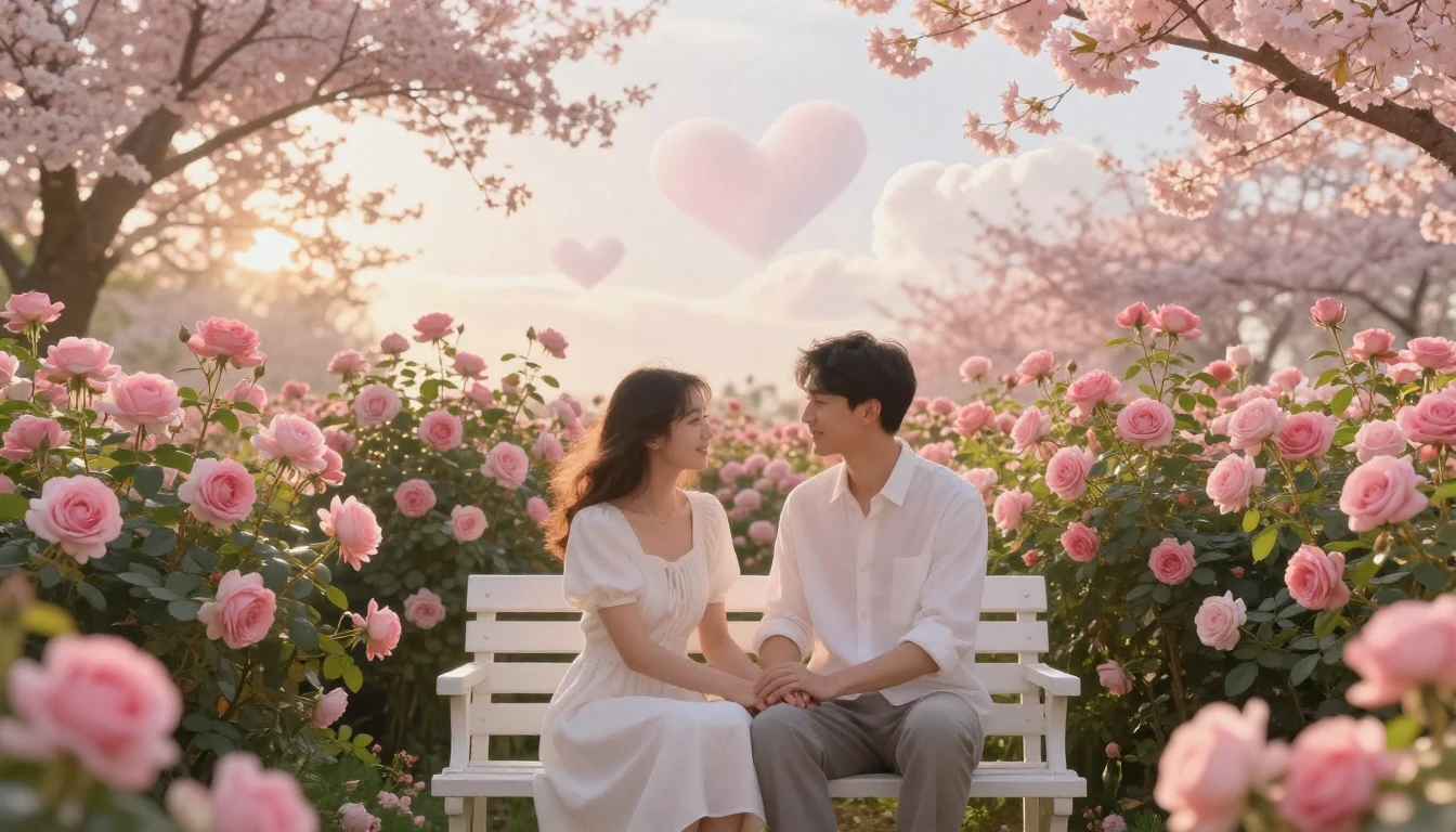 A romantic and dreamy scene of a couple holding hands sittin...