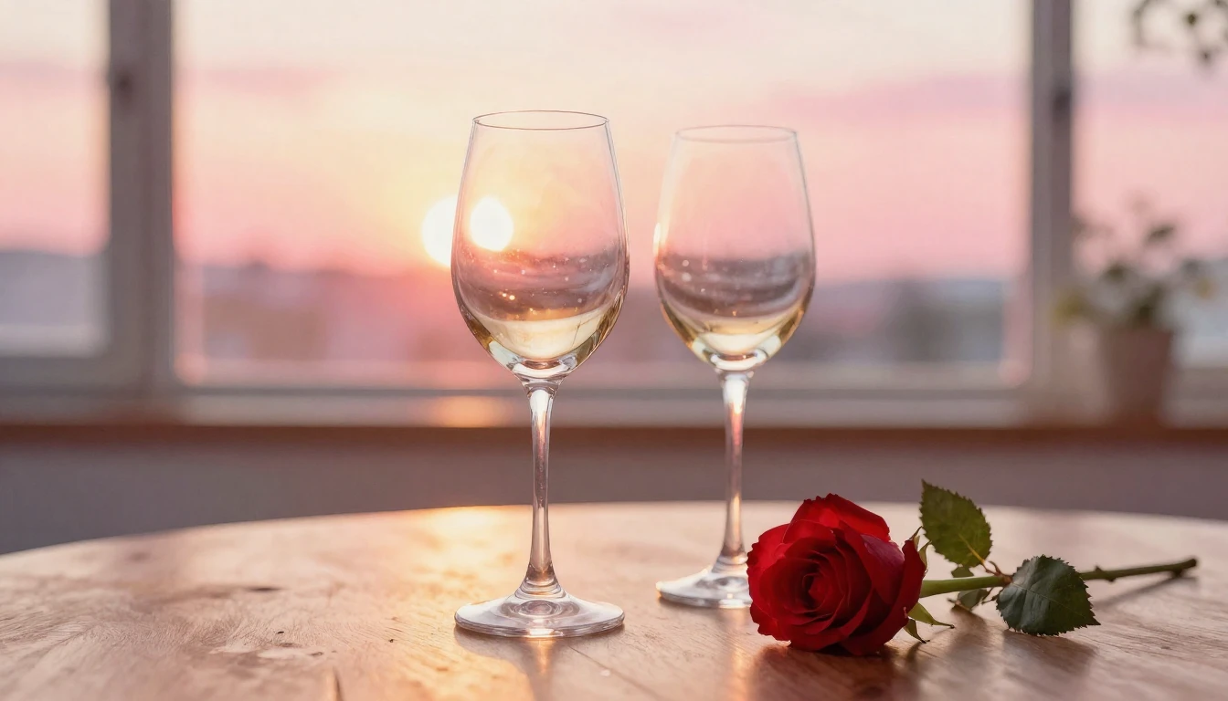 A soft watercolor painting of two elegant wine glasses sitti...