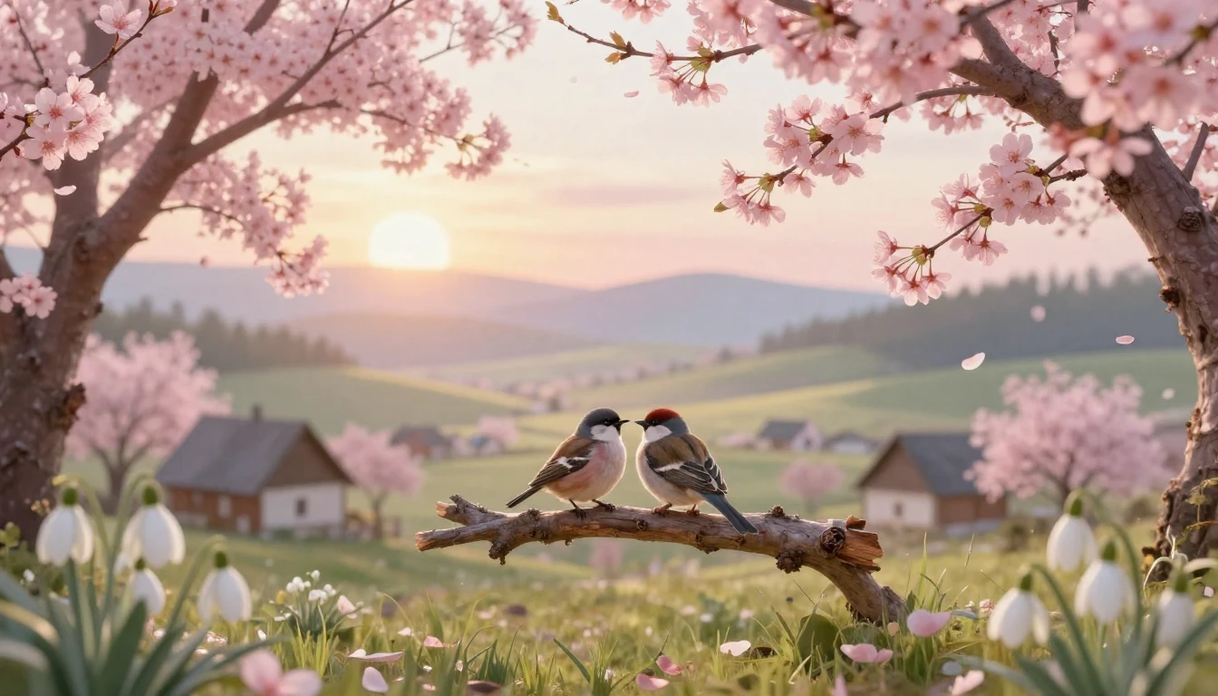 A serene spring landscape in a traditional Romanian village ...