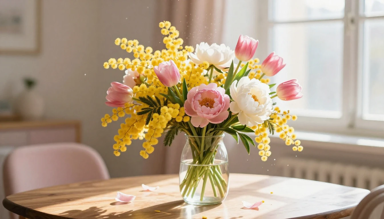 A vibrant and lush bouquet of spring flowers including yello...