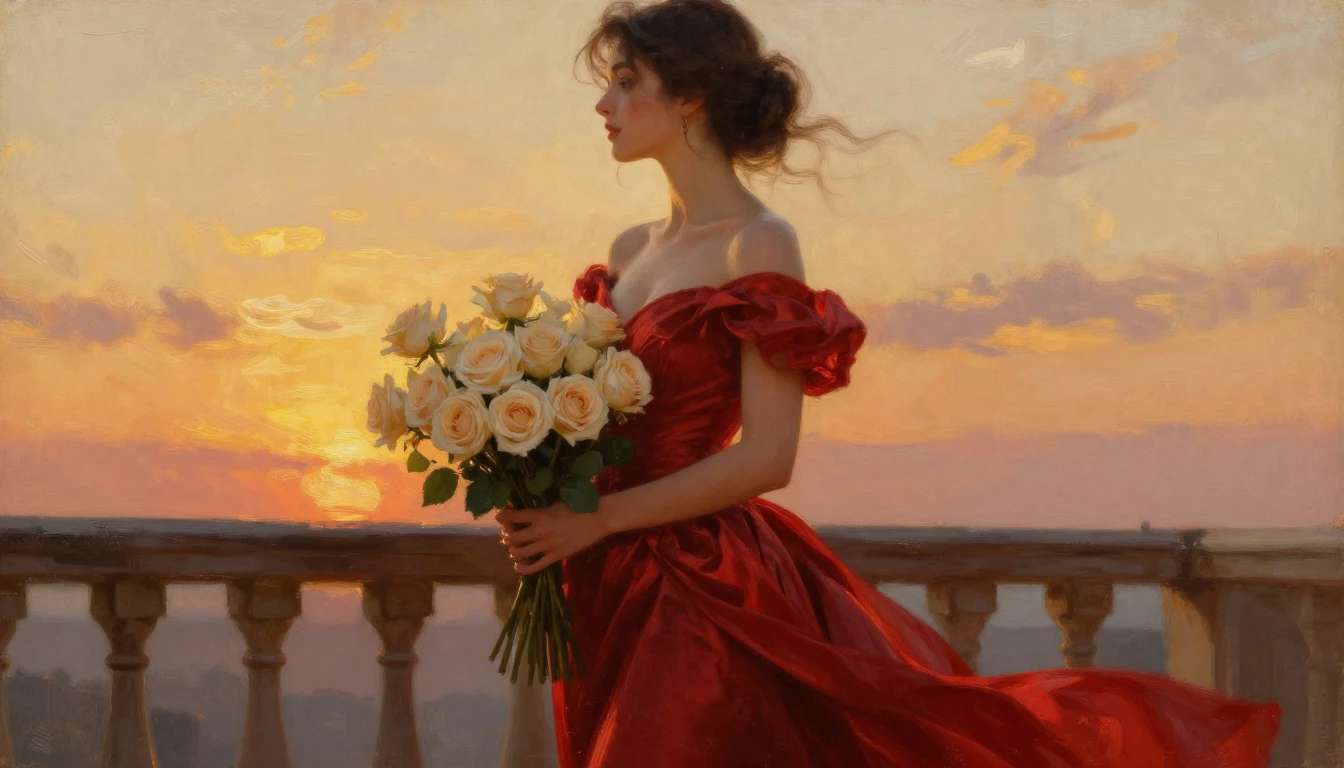 A romantic, high-quality oil painting of a beautiful woman s...