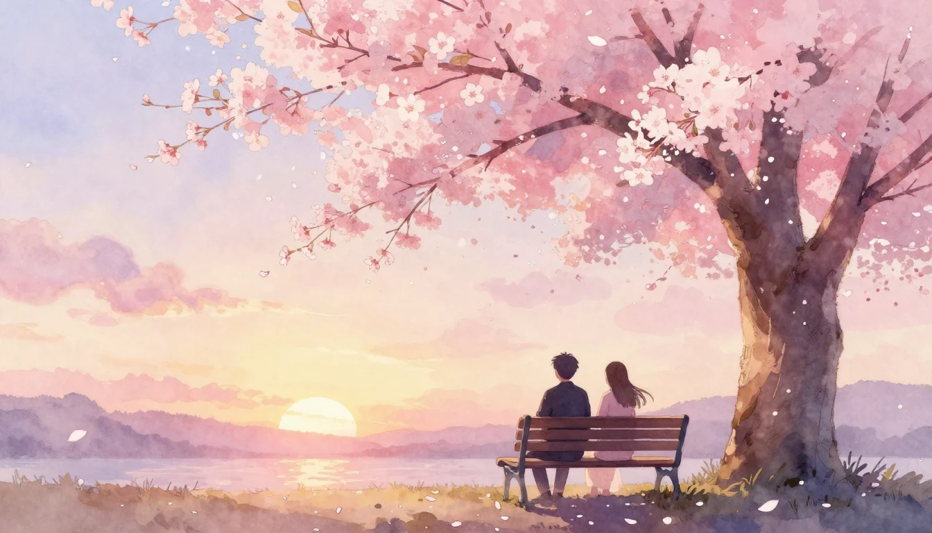 A dreamy watercolor painting of two silhouettes sitting on a...