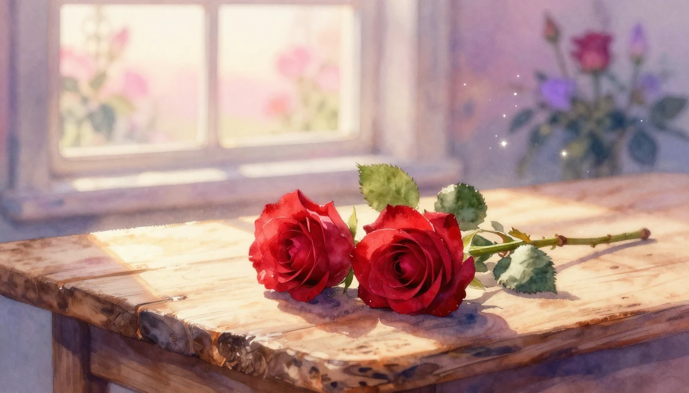 A beautiful watercolor painting of two delicate red roses in...
