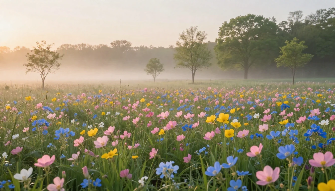 A breathtaking landscape featuring a lush meadow filled with...