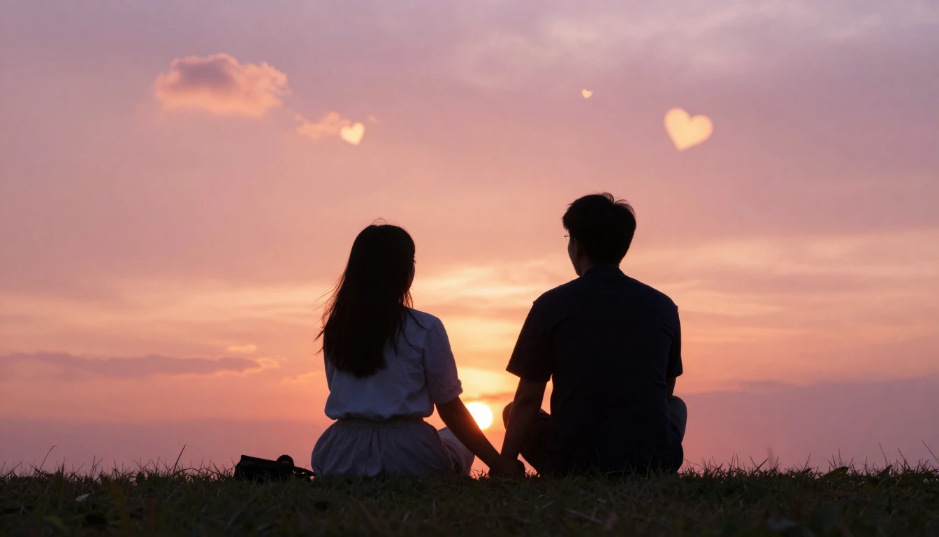 A romantic scene featuring a couple sitting on a grassy hill...