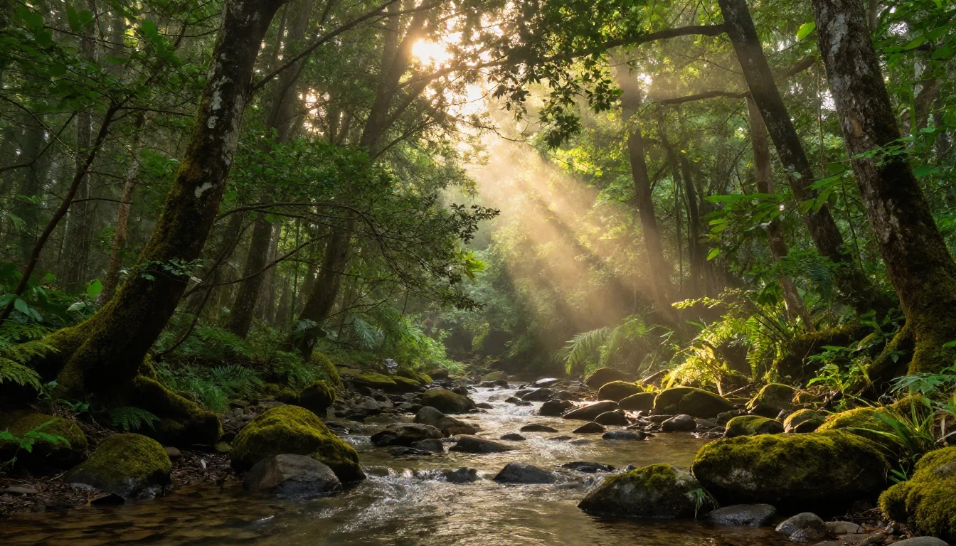 A breathtaking cinematic view of a lush green forest at dawn...