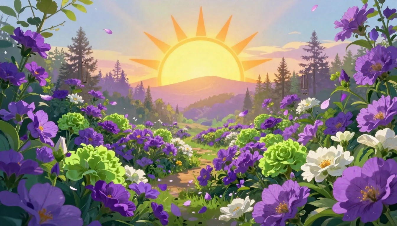 A vibrant and symbolic composition featuring a blooming gard...