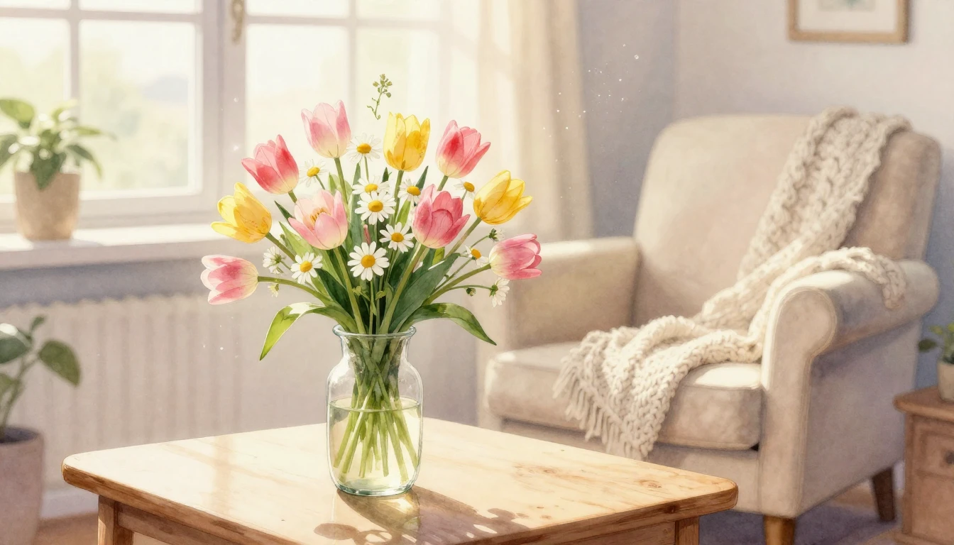 A beautiful watercolor painting of a cozy sunlit living room...