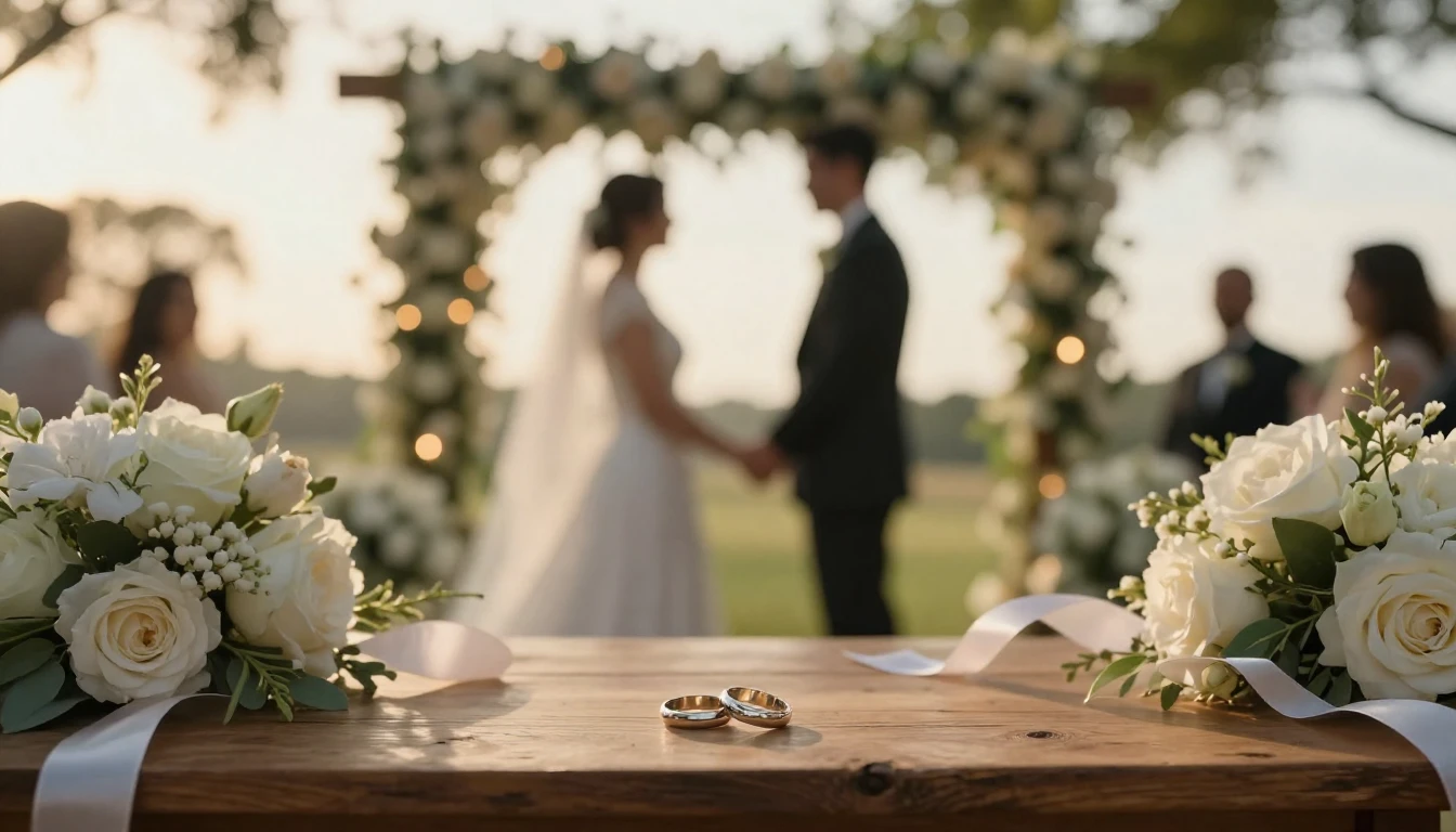 A warm and cinematic scene of a wedding ceremony outdoors du...