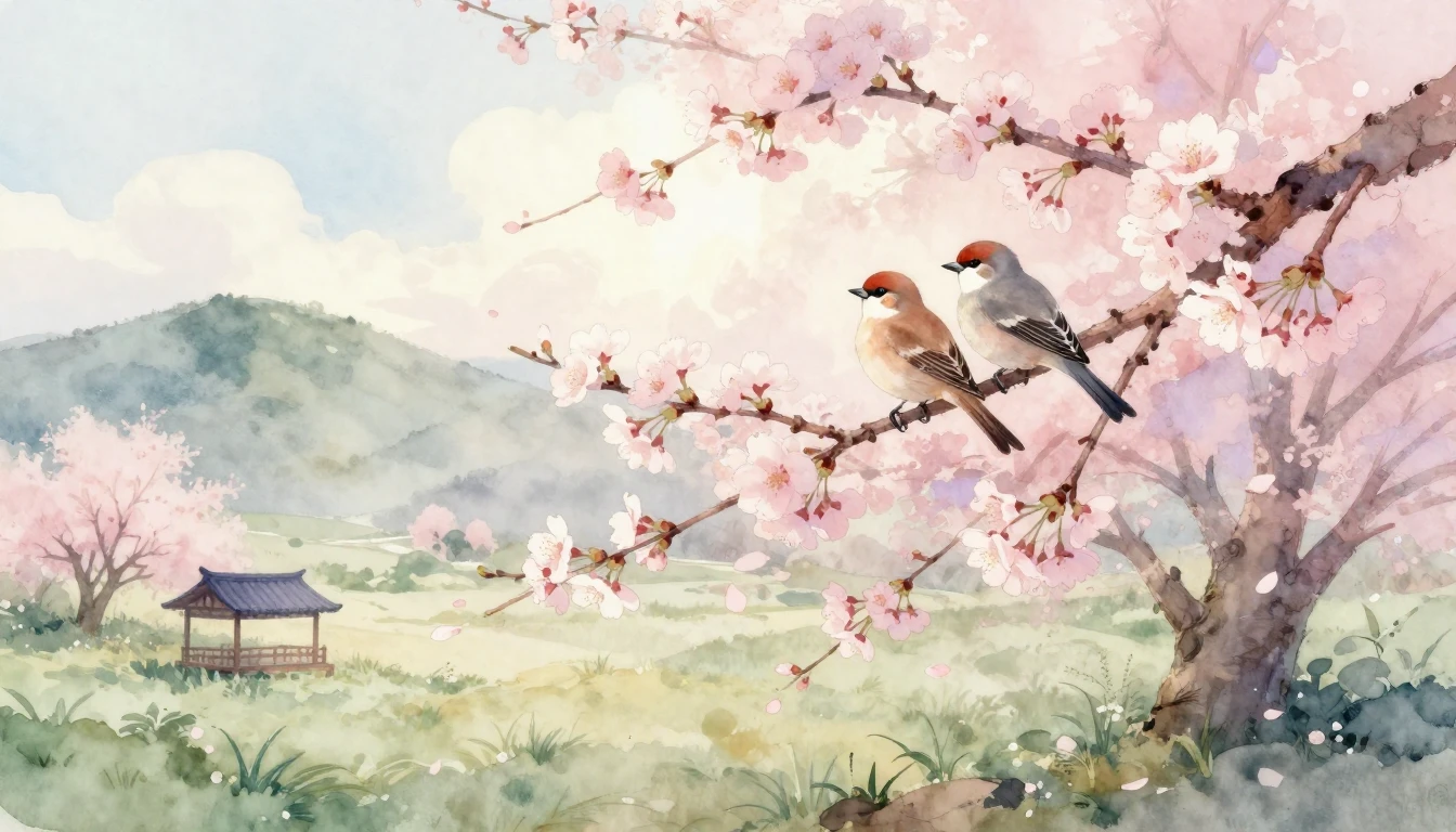 A delicate watercolor painting of a serene landscape in earl...