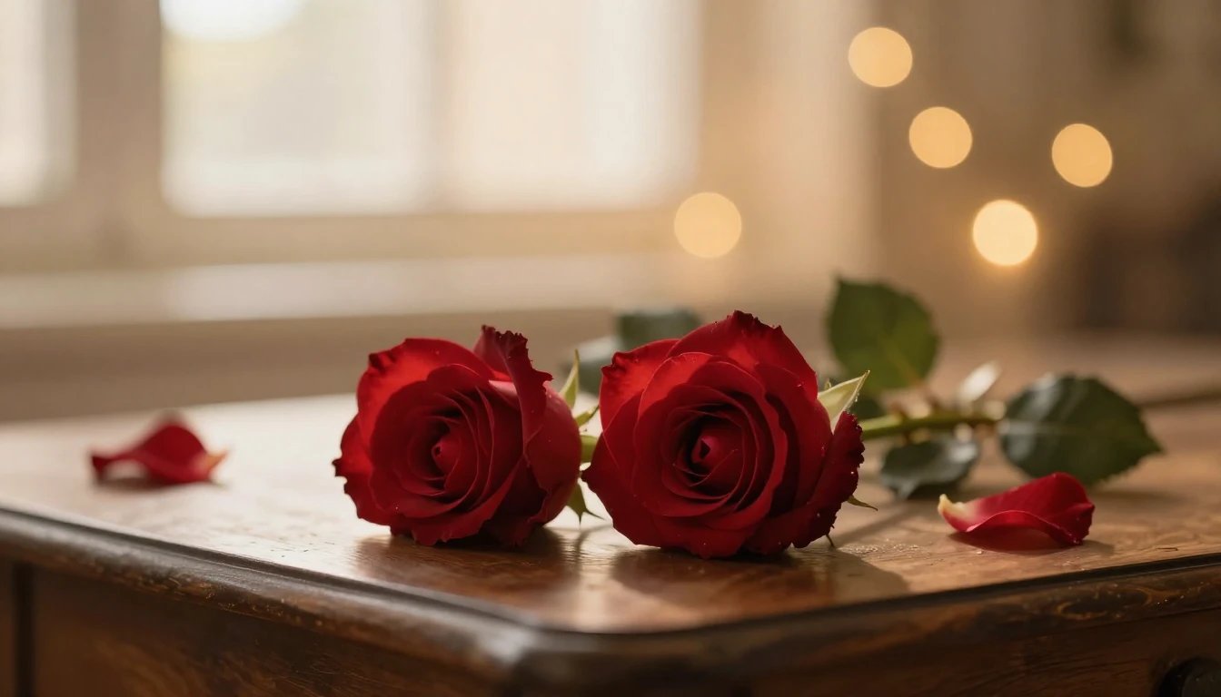 A soft and ethereal scene featuring two delicate red roses r...