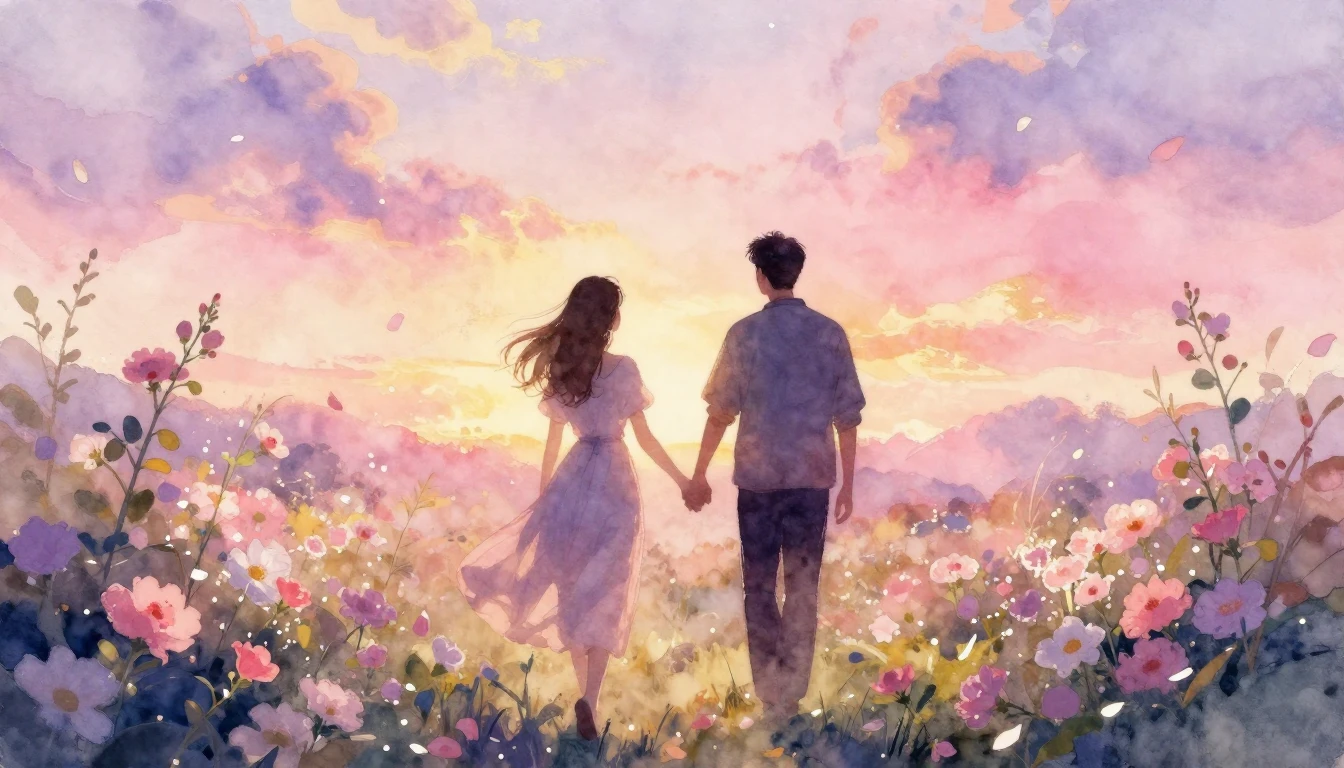 A beautiful watercolor painting of two silhouettes walking h...