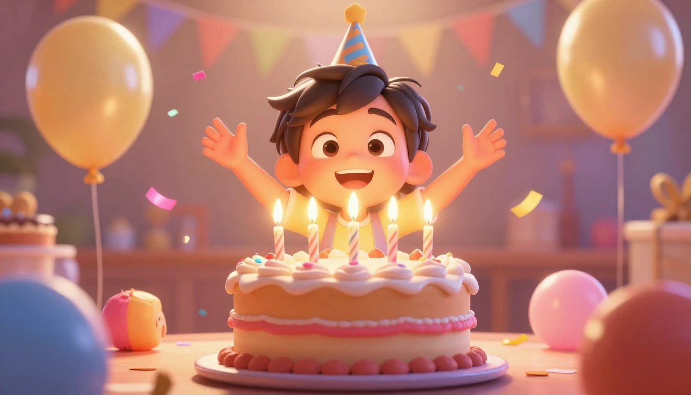 A joyful and vibrant birthday celebration scene in 3D animat...