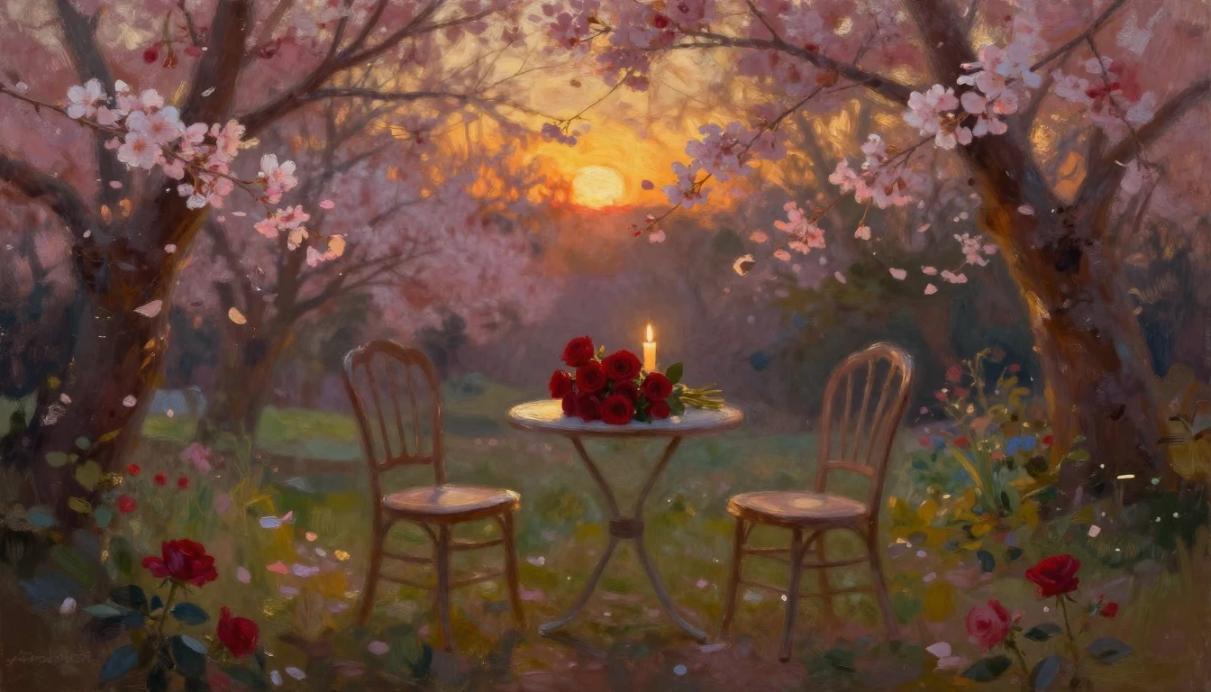 A lush oil painting of a serene garden at twilight. Two empt...
