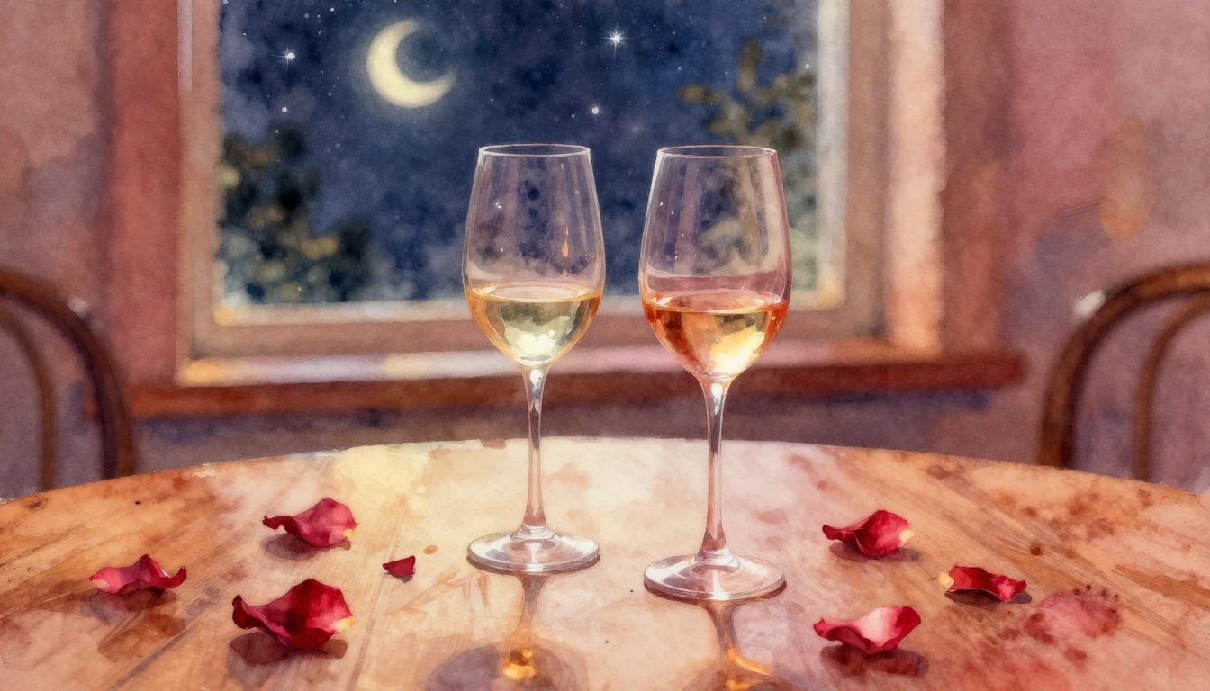A dreamy watercolor painting of two elegant wine glasses sit...