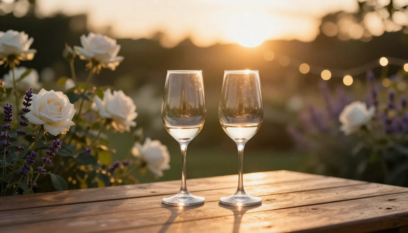 A romantic and serene scene featuring two elegant wine glass...