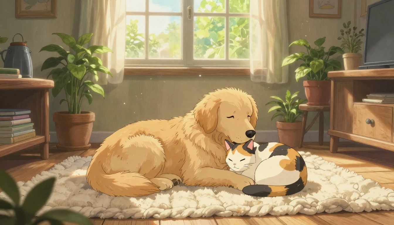 A cozy, sun-drenched living room in a charming Ghibli-inspir...