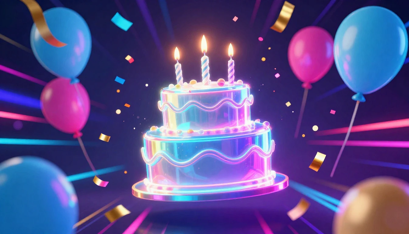 A vibrant and festive composition featuring a floating, glow...