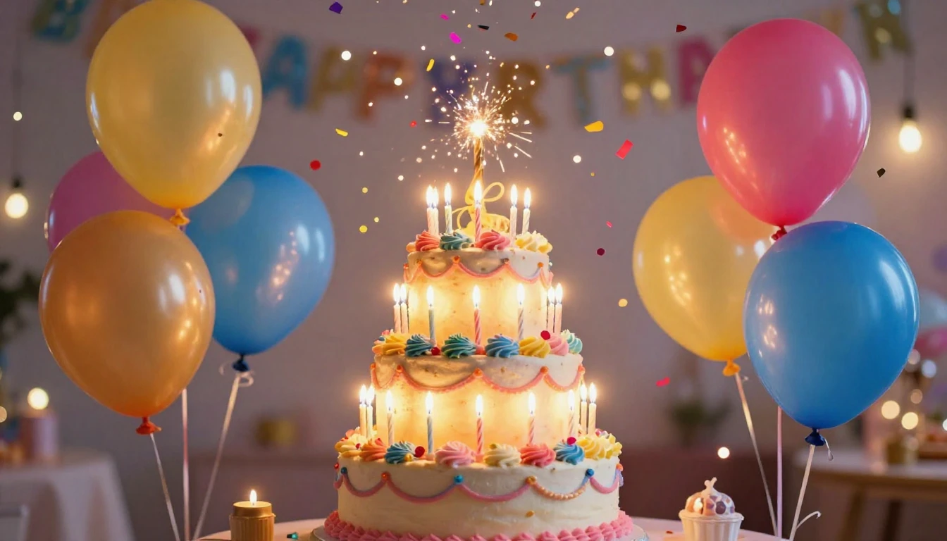 A vibrant and festive scene celebrating a birthday. The imag...