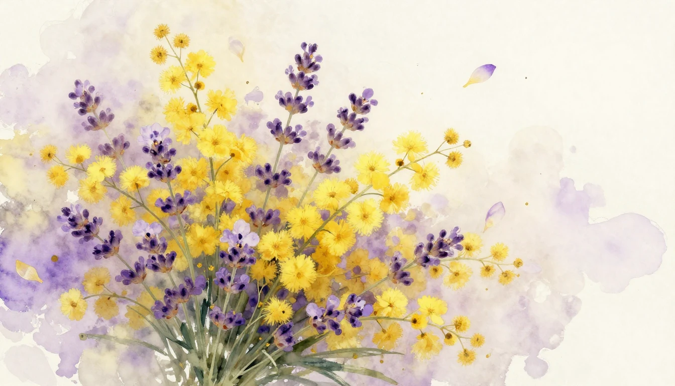 A delicate watercolor painting featuring a lush bouquet of y...