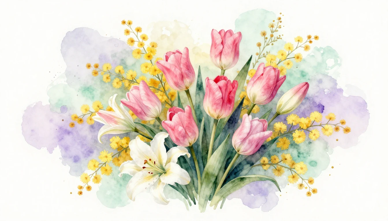 A delicate watercolor painting of a lush bouquet featuring p...