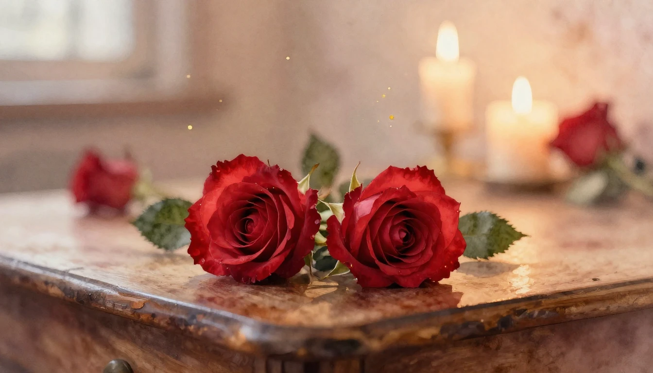 A soft watercolor painting of two delicate red roses resting...
