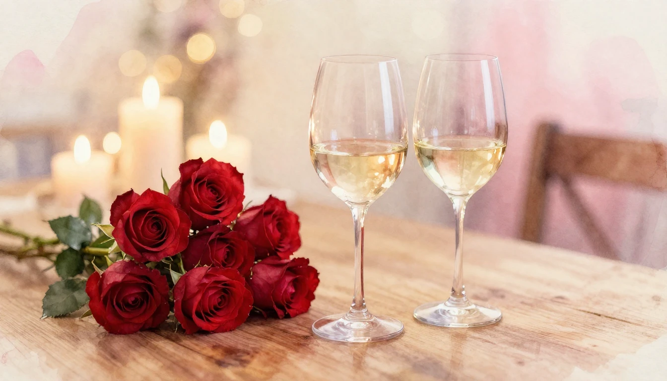 A soft watercolor painting of two elegant wine glasses sitti...