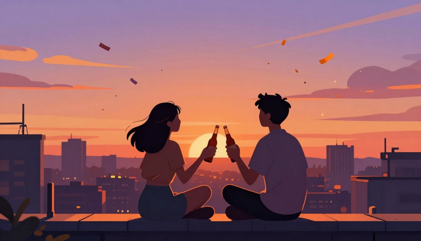 A vibrant digital art illustration of two friends sitting on...