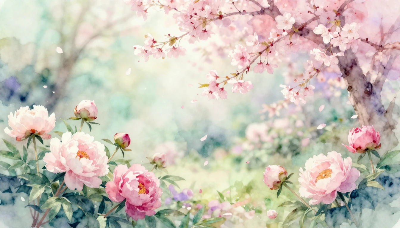 A delicate watercolor painting of a lush spring garden. Soft...